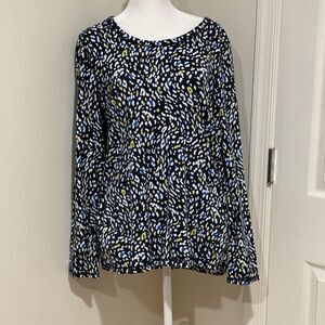 T By Talbots Women's Top L Blue White Green Leopard Pullover Shirt Blouse